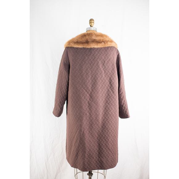 Vintage 60s Brown Wool Overcoat, Textured Coat Mink Fur Collar Glam Old Money, M - Picture 5 of 11